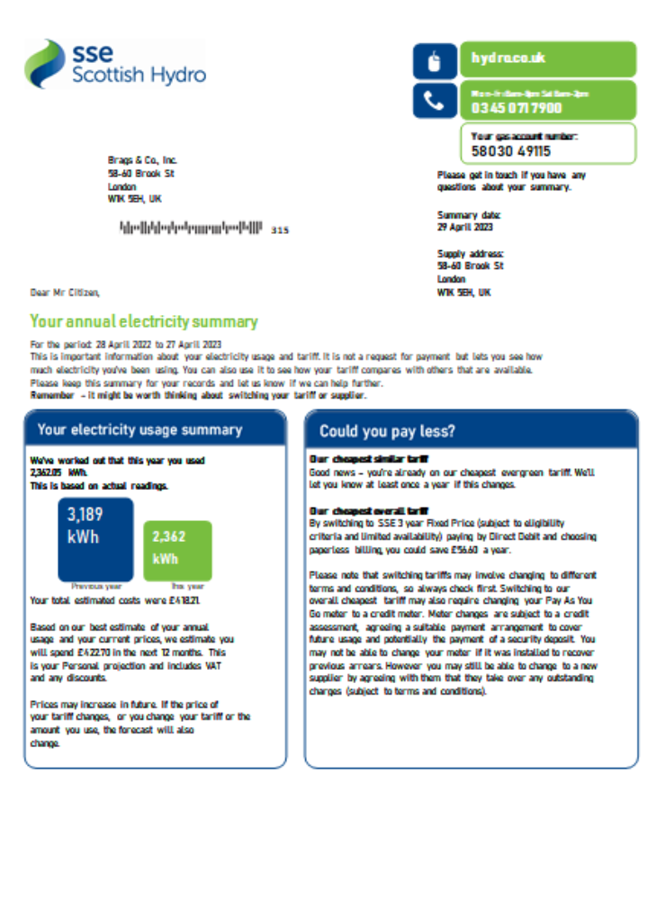 SSE Energy utility business bill,  SCR PSD template